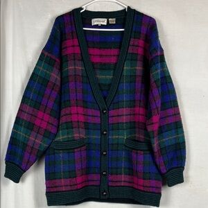 Vintage Silvercord Green and Pink Plaid Button Up Oversized Sweater Cardigan